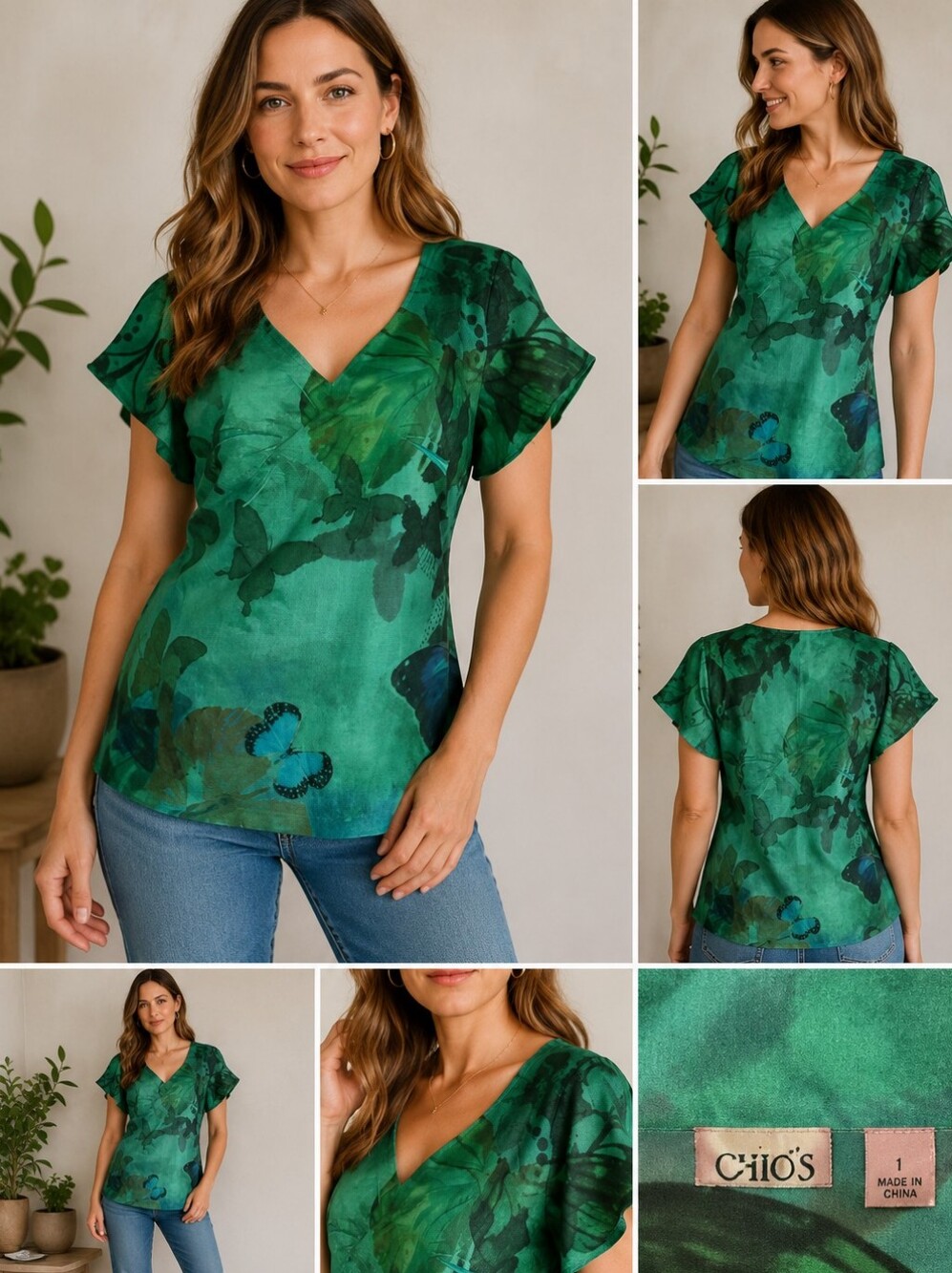 Cato Women's Size Large Butterfly-Print V-Neck Tunic Babydoll Blouse Gremlincore